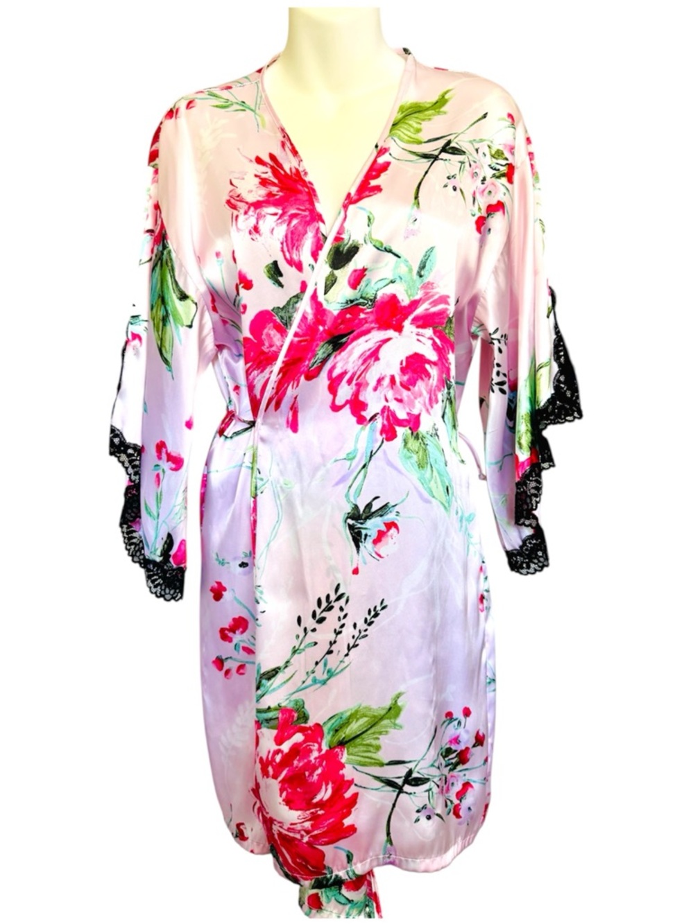 Secret Treasures Pink Floral Satin Kimono Robe with Black Lace